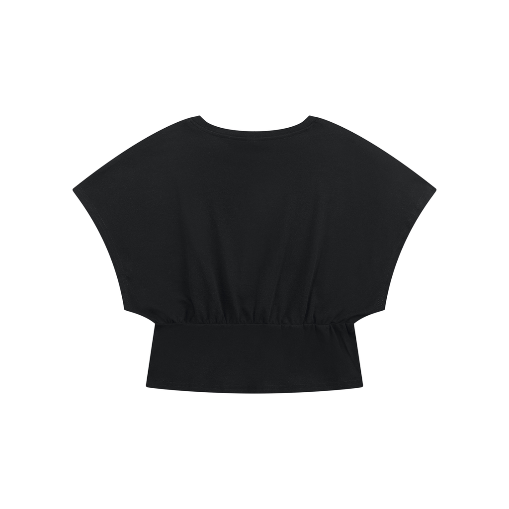 A black short-sleeve crop top with a wide, draped batwing-style sleeve and an elasticized waistband, shown flat against a solid white background.
