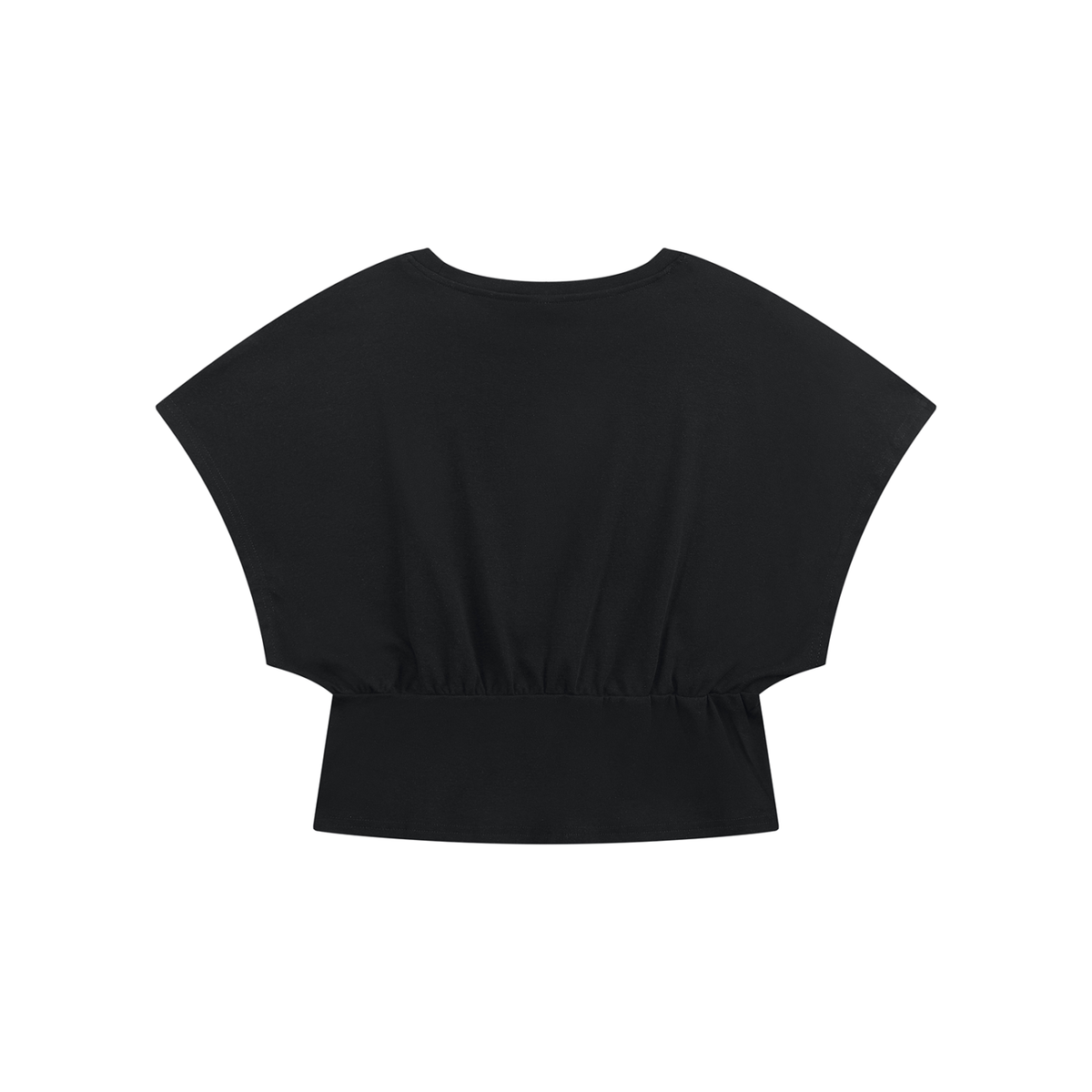 A black short-sleeve crop top with a wide, draped batwing-style sleeve and an elasticized waistband, shown flat against a solid white background.