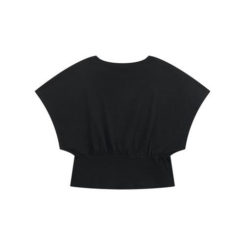 A black short-sleeve crop top with a wide, draped batwing-style sleeve and an elasticized waistband, shown flat against a solid white background.