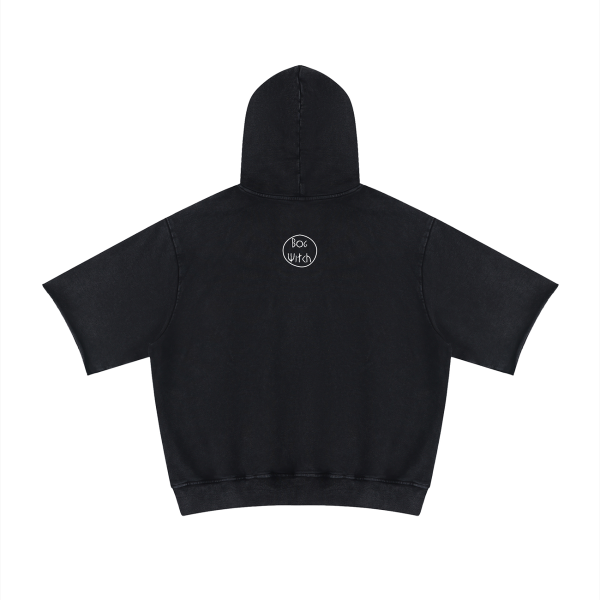 Black hoodie on a white background, white line art archaeology symbol