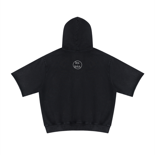 Black hoodie on a white background, white line art archaeology symbol