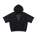 Black hoodie with white line art of archaeology symbols