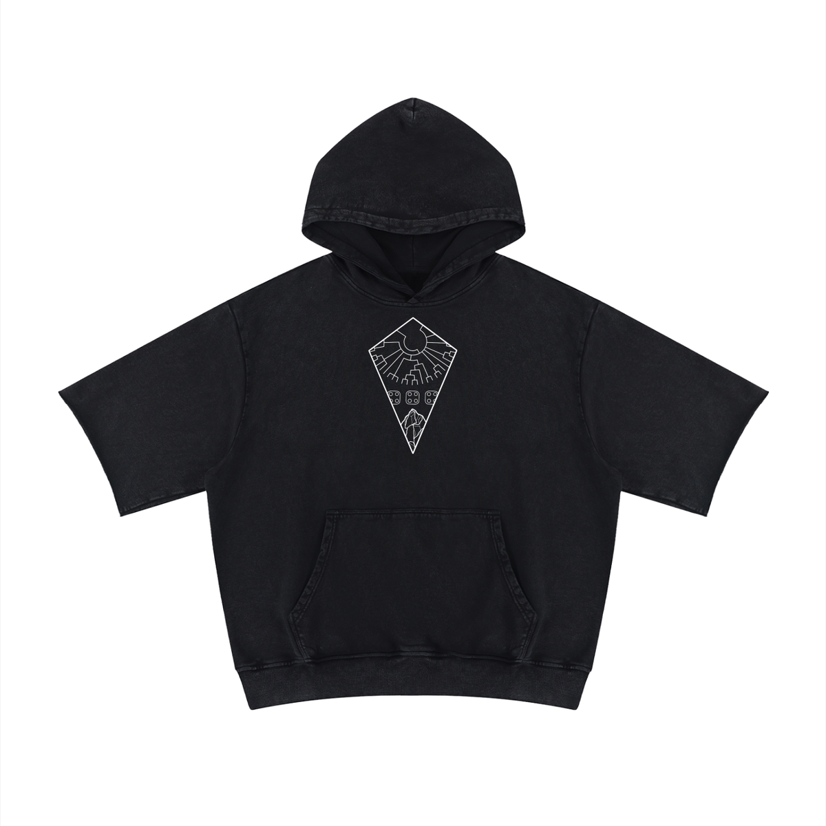 Black hoodie with white line art of archaeology symbols