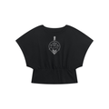 A black short-sleeve crop top with a wide scoop neck and a white graphic of excalibur inside a circular emblem on the chest