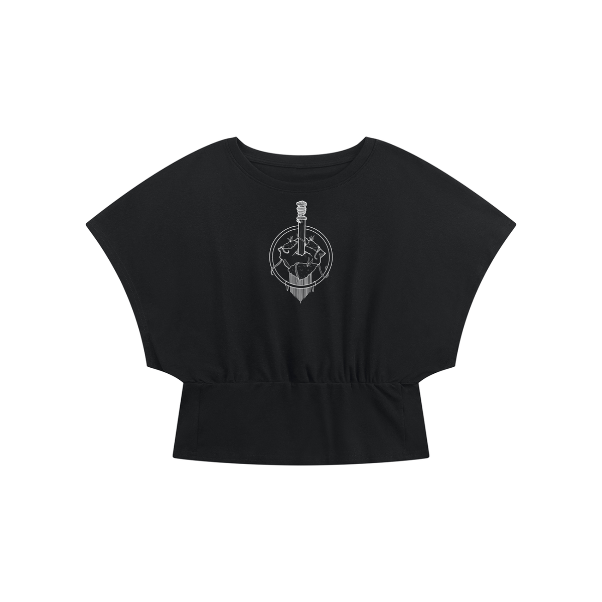 A black short-sleeve crop top with a wide scoop neck and a white graphic of excalibur inside a circular emblem on the chest