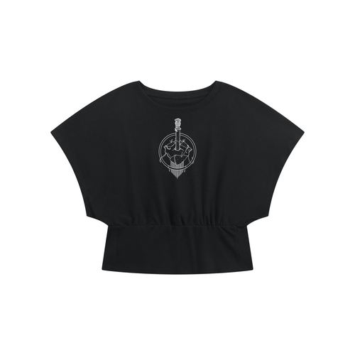A black short-sleeve crop top with a wide scoop neck and a white graphic of excalibur inside a circular emblem on the chest