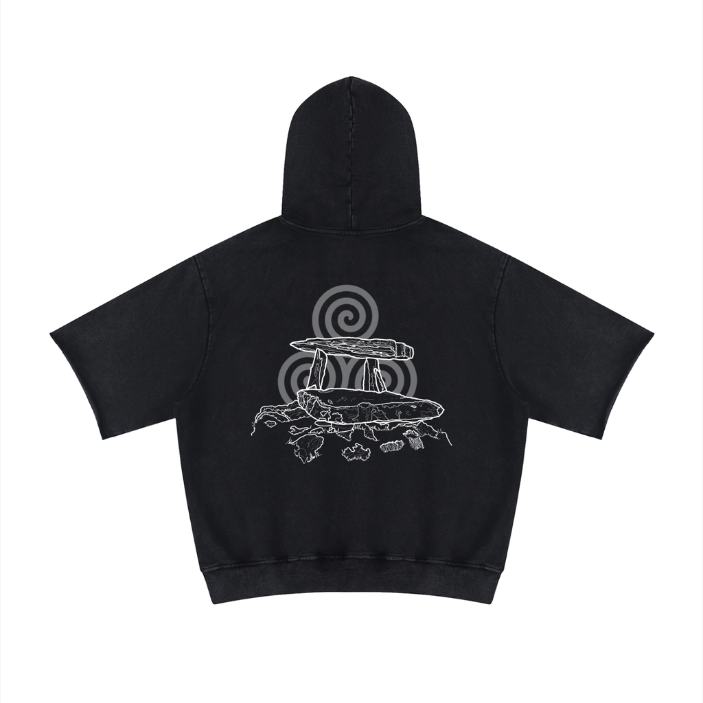 Black sweater with triskellion triple spiral and Irish Poulnabrone dolmen, archaeology.