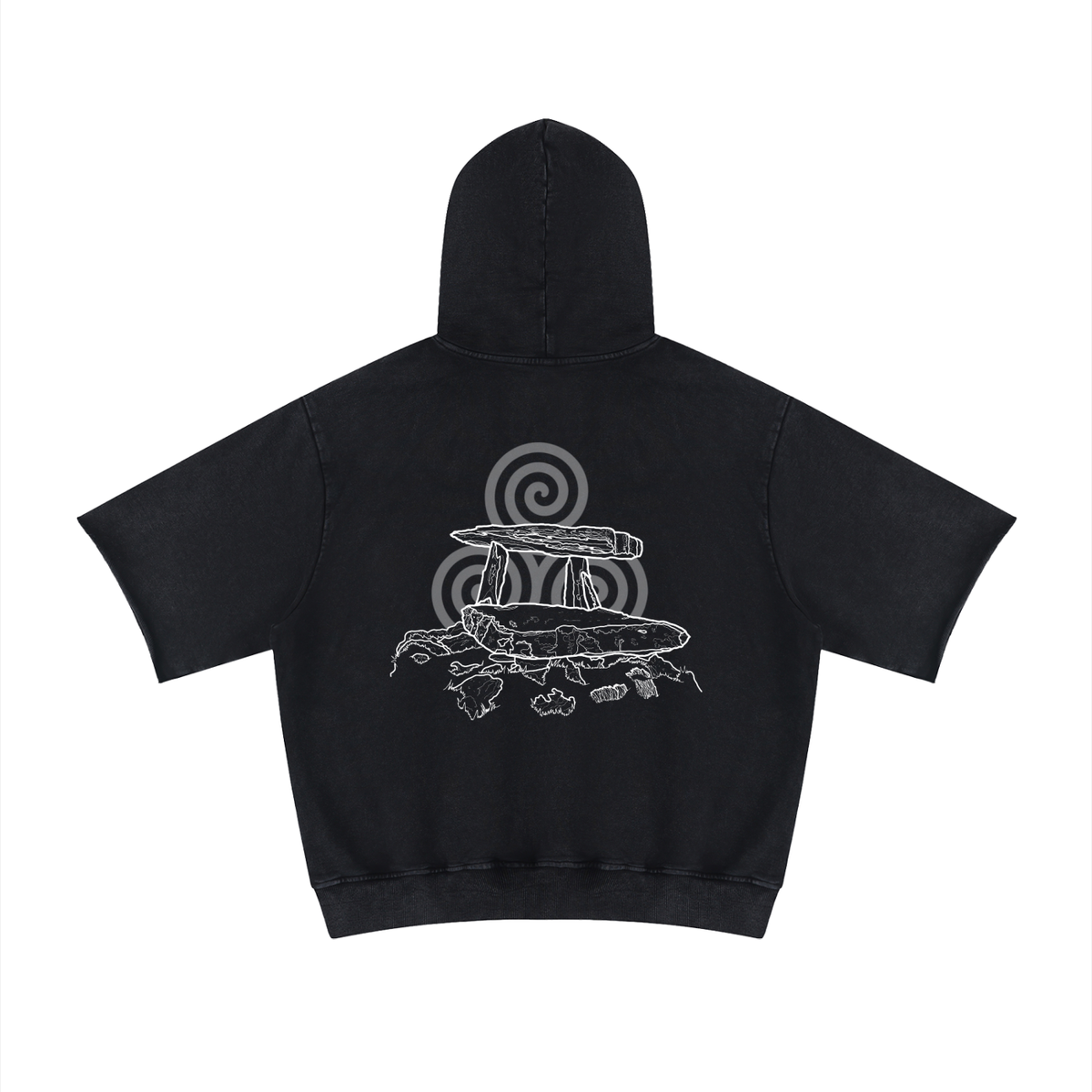 Black sweater with triskellion triple spiral and Irish Poulnabrone dolmen, archaeology.