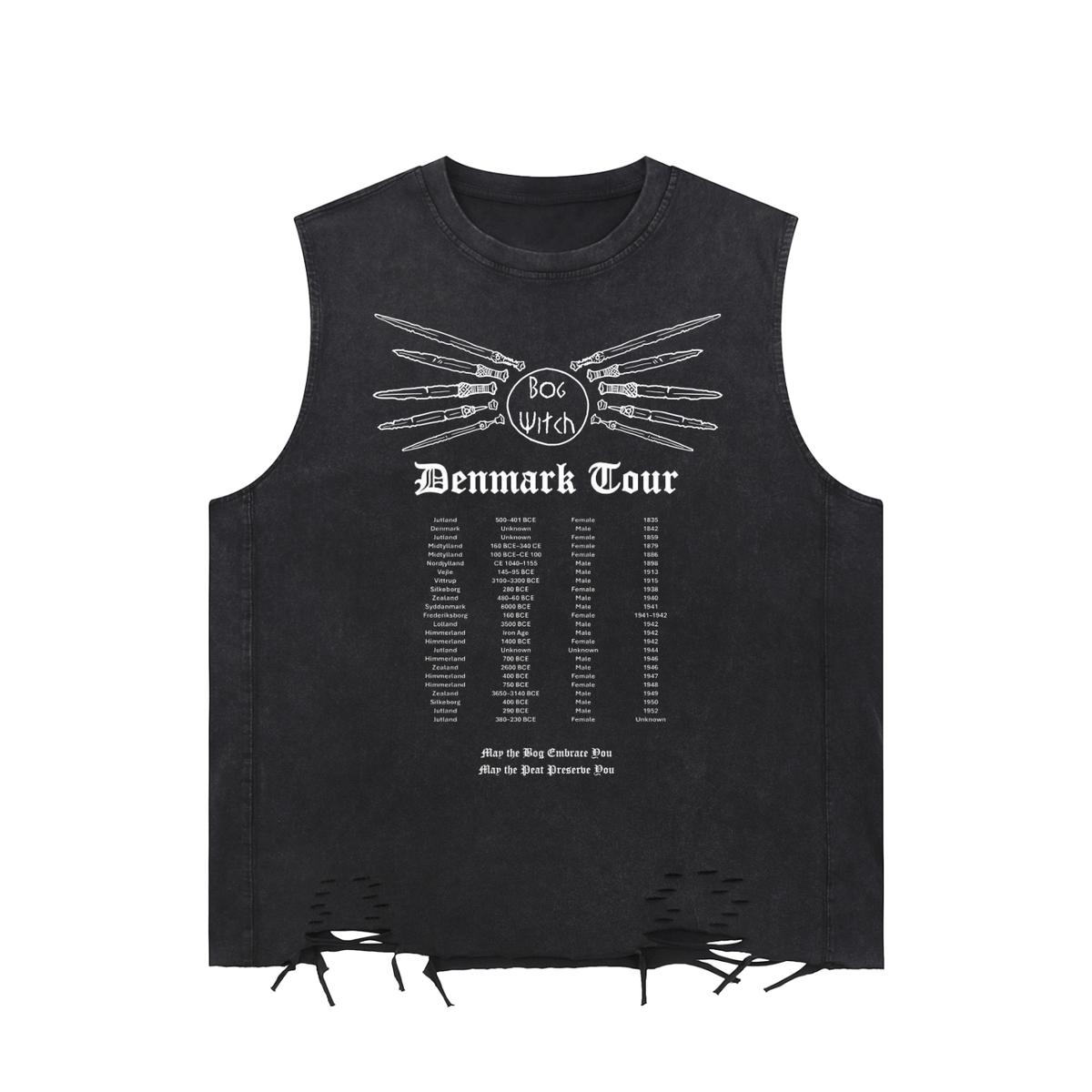 iron age, bog, tour,black,tanktop,metal,band,edgy,worn,goth,archaeology,history,handdrawn,witchy,witch,Denmark