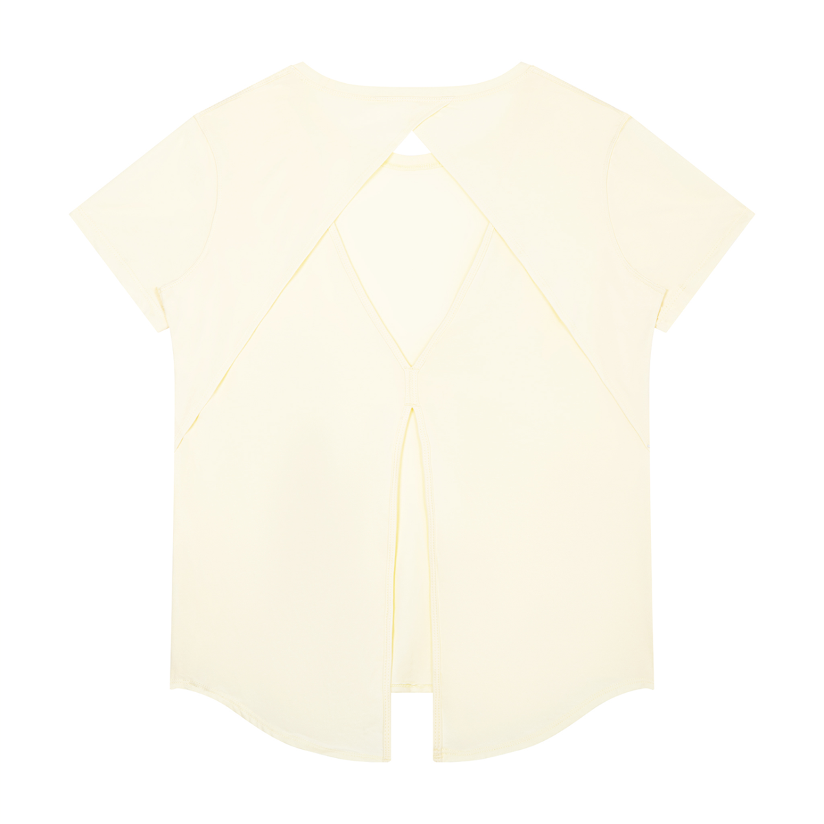 A pale cream short-sleeve blouse with a split V-neckline and back slit.