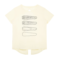 A pale cream-colored short-sleeve t-shirt with a high-low hem, featuring a graphic print of a Mycenean dagger on the front, displayed against a solid white background.