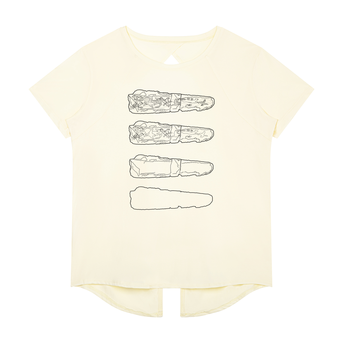 A pale cream-colored short-sleeve t-shirt with a high-low hem, featuring a graphic print of a Mycenean dagger on the front, displayed against a solid white background.