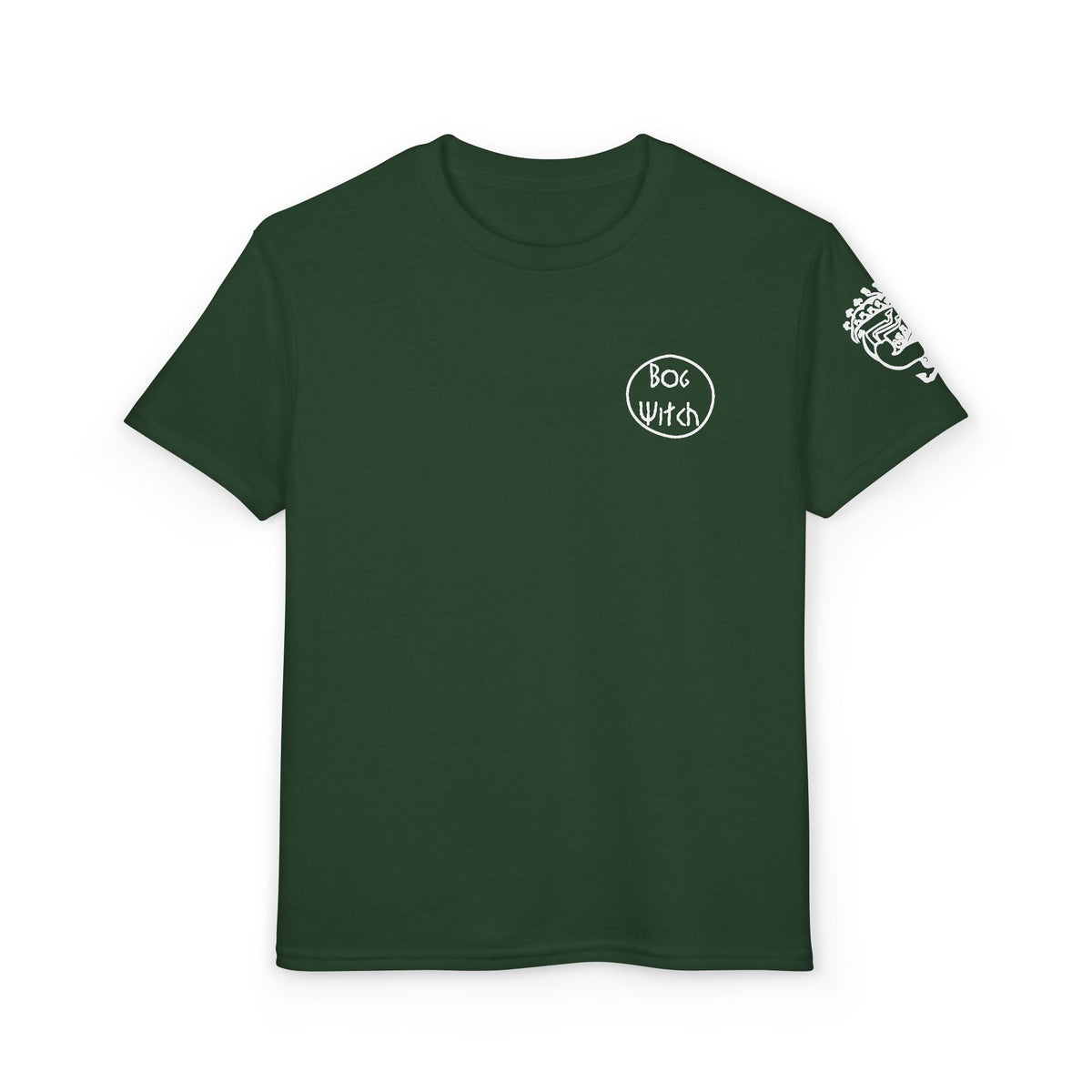 Forest green youth shirt with Siberian maiden tattoo on sleeve