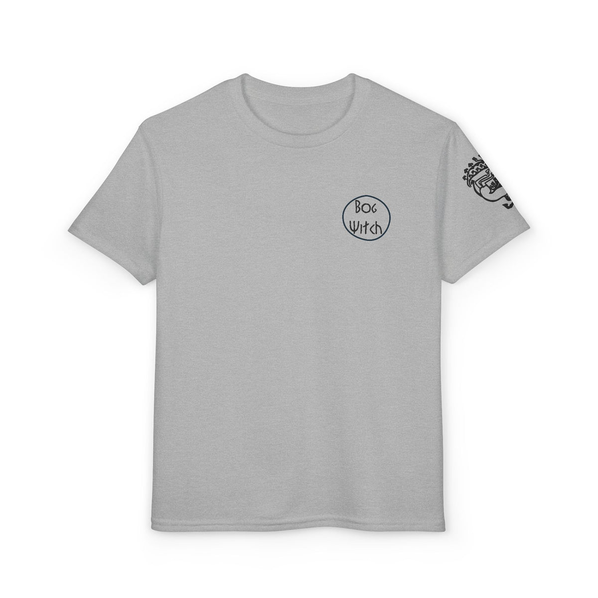 Youth gray grey shirt with Siberian Maiden tattoo on sleeve, front