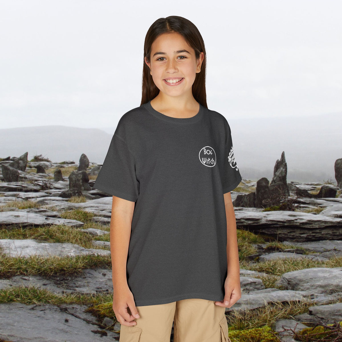 Kids shirt with Siberian maiden's tattoo on sleeve, front, gray shirt
