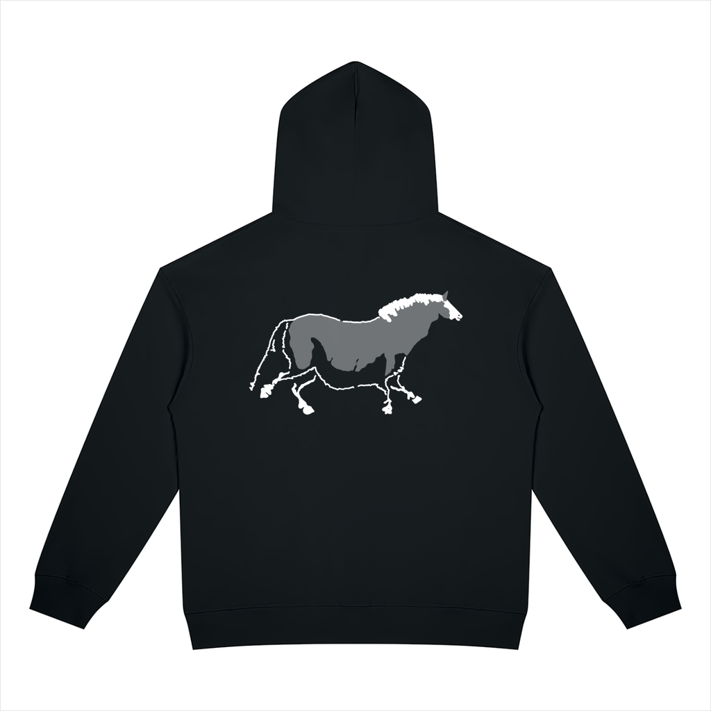 A black pullover hoodie shown from the back, featuring a graphic print of a running horse in gray and white on the center back.