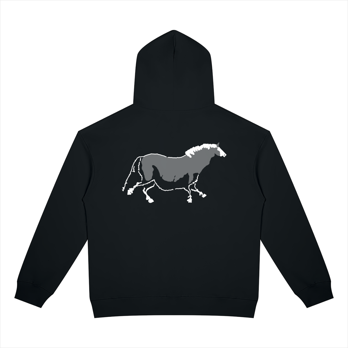 A black pullover hoodie shown from the back, featuring a graphic print of a running horse in gray and white on the center back.