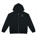 A black zip-up hoodie with a small white
 bog witch circular logo on the left chest, displayed flat against a solid white background.