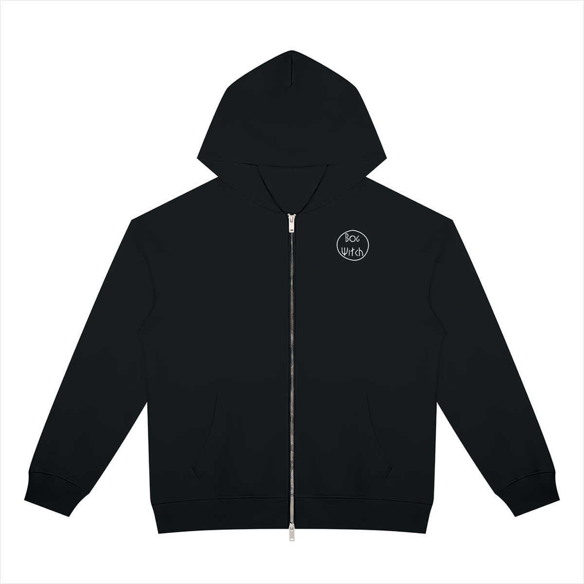 A black zip-up hoodie with a small white
 bog witch circular logo on the left chest, displayed flat against a solid white background.