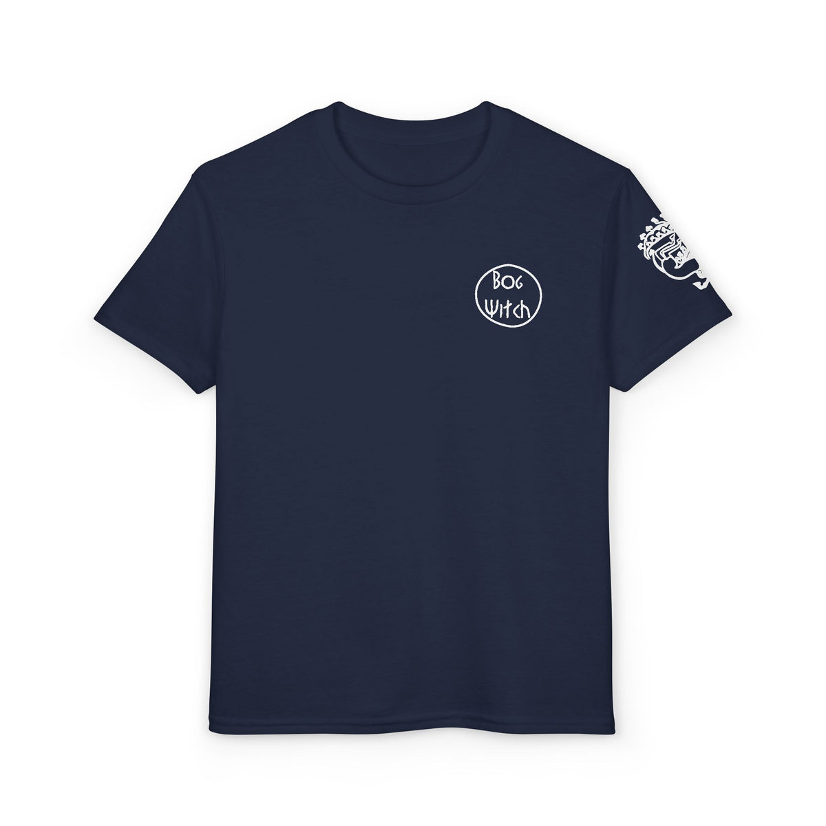 Navy blue youth shirt with Siberian Maiden tattoo on sleeve, front