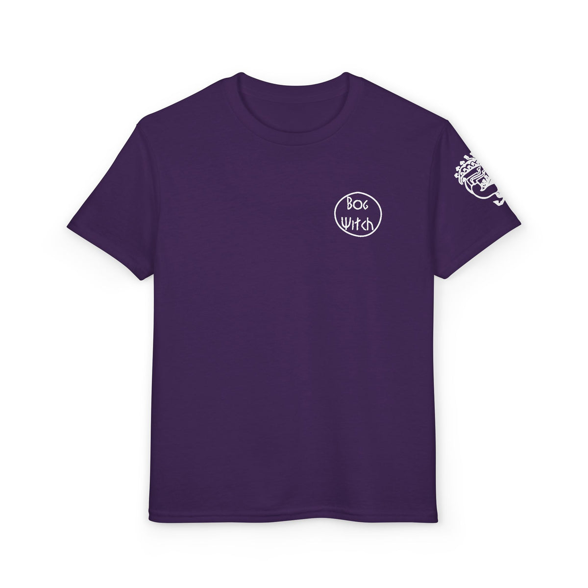 Purple youth shirt with Siberian Maiden tattoo on sleeve, front