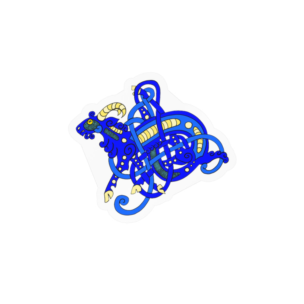 A die-cut sticker featuring a Viking Age Jelling art stylized blue goat or ram illustration with yellow horns and accents, outlined in black and set against a white background.
