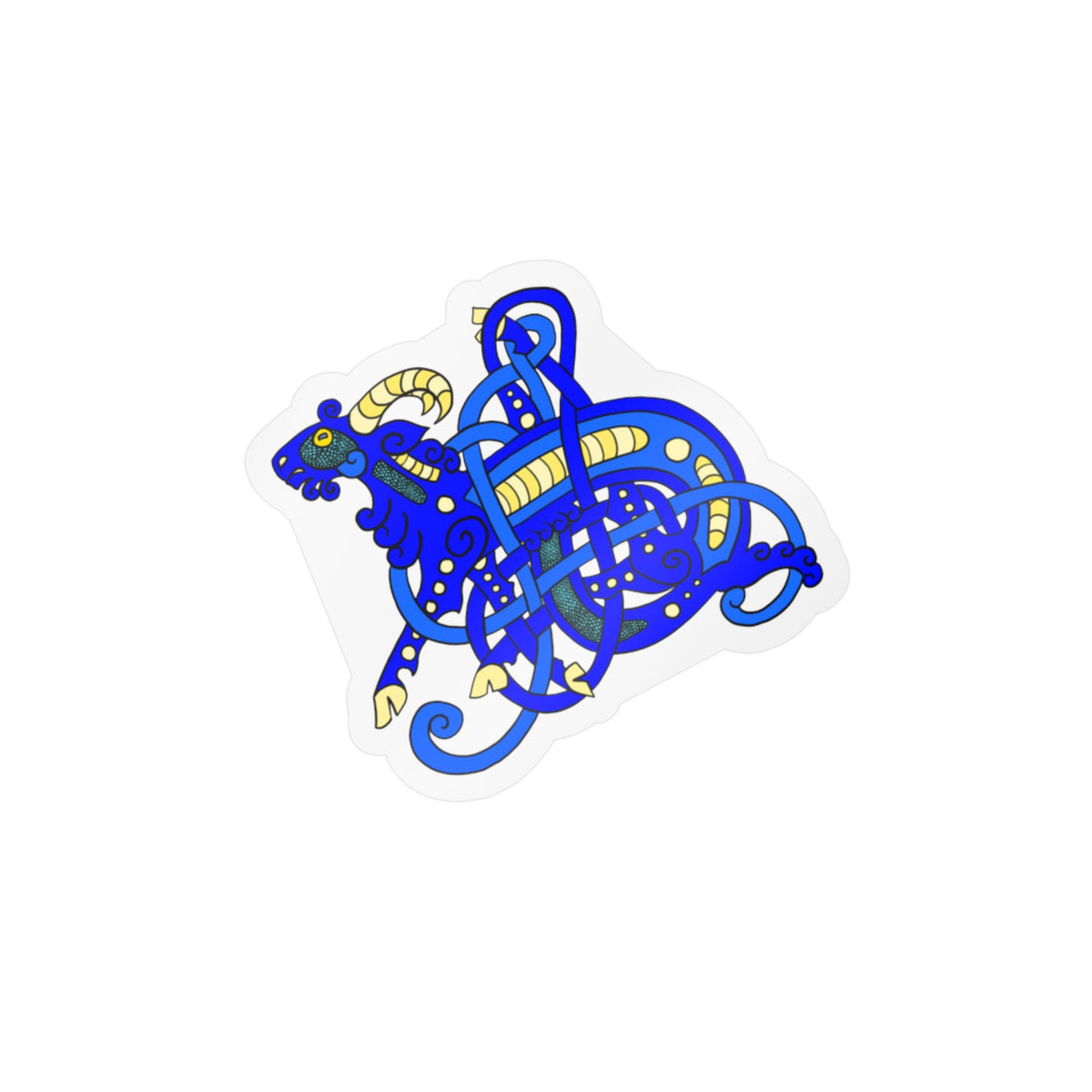 A die-cut sticker featuring a Viking Age Jelling art stylized blue and yellow goat or ram illustration with intricate knot-like decorative lines, shown on a plain white background.