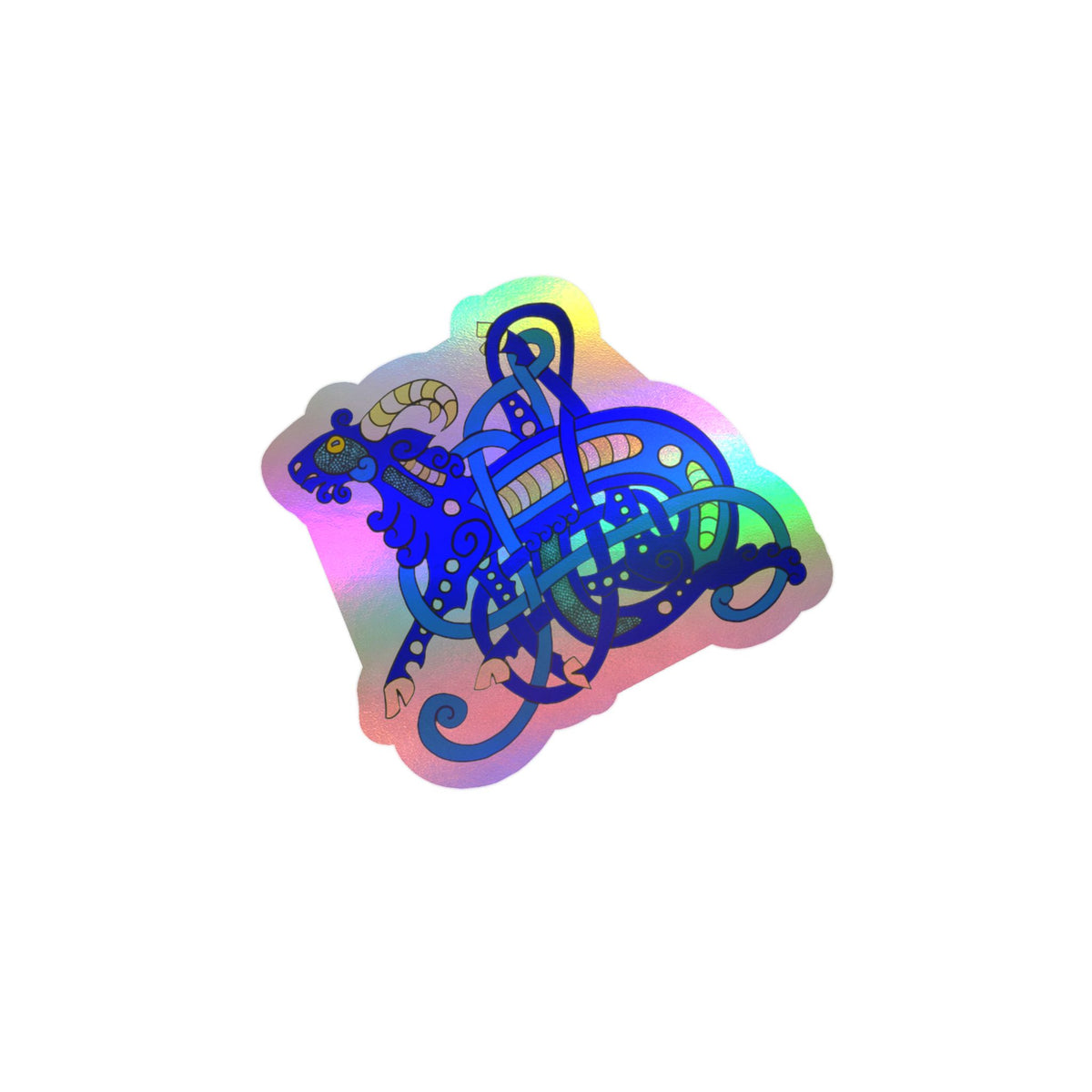 A holographic die-cut sticker featuring a Viking Age Jelling Art stylized blue goat symbol with a rainbow iridescent sheen on a plain white background.