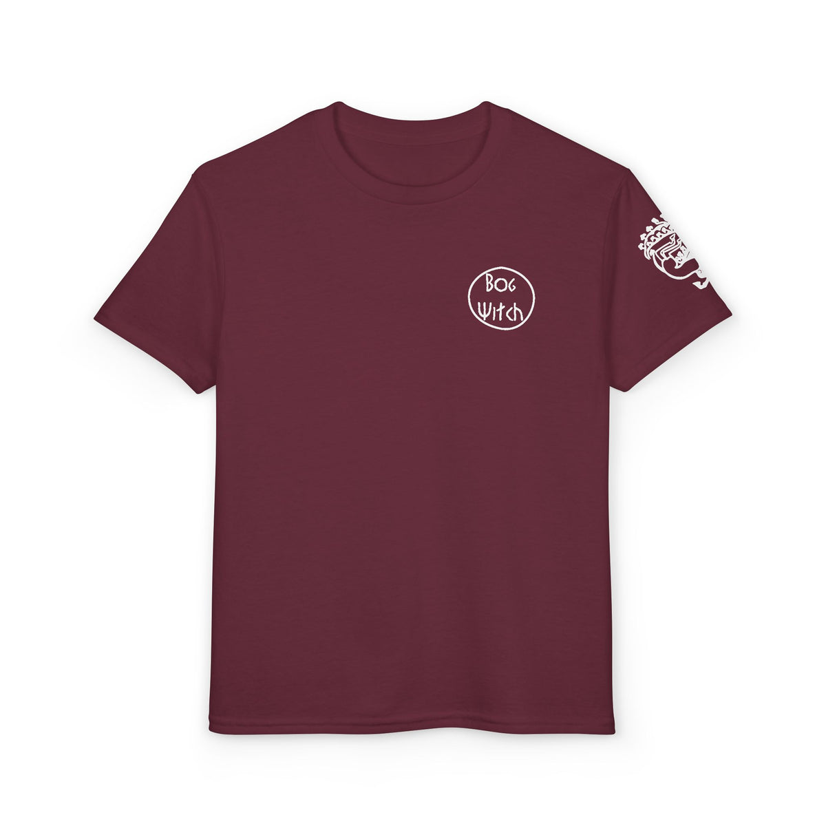 Wine red youth shirt with Siberian Maiden tattoo on sleeve, front