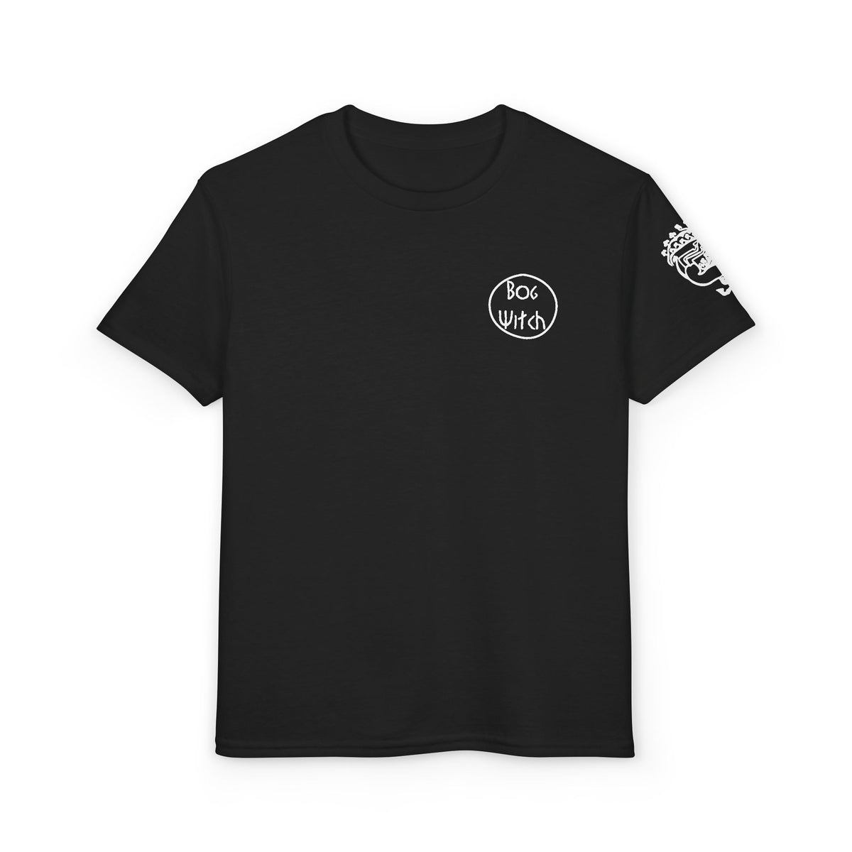 Black shirt youth size with Siberian Maiden tattoo on sleeve, front