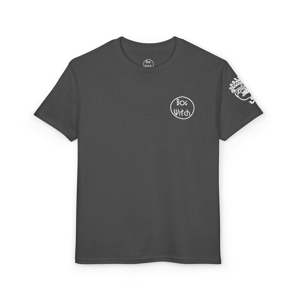 Dark gray grey youth shirt with Siberian maiden tattoo on sleeve, front