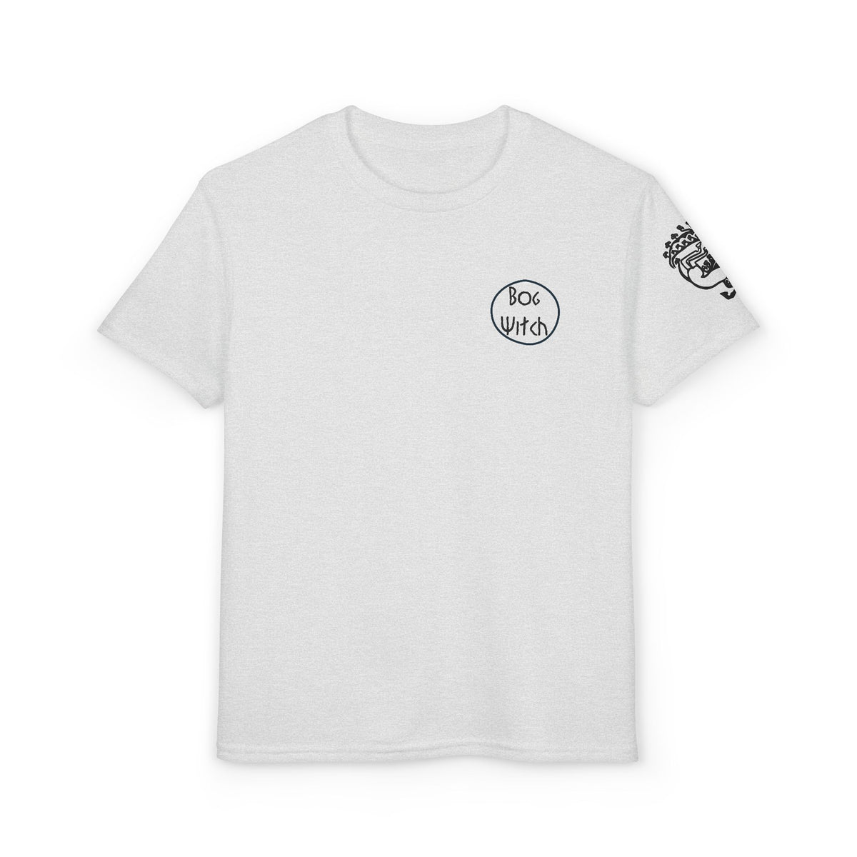 Youth gray grey shirt with Siberian Maiden tattoo on sleeve, front