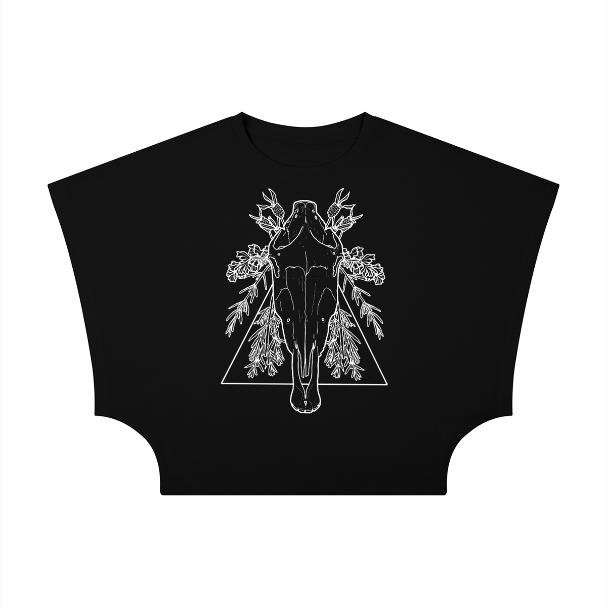 A black short-sleeve crop top with a white line art graphic of a horse skull surrounded by herbal elements and a triangle on the front, displayed on a solid black background.