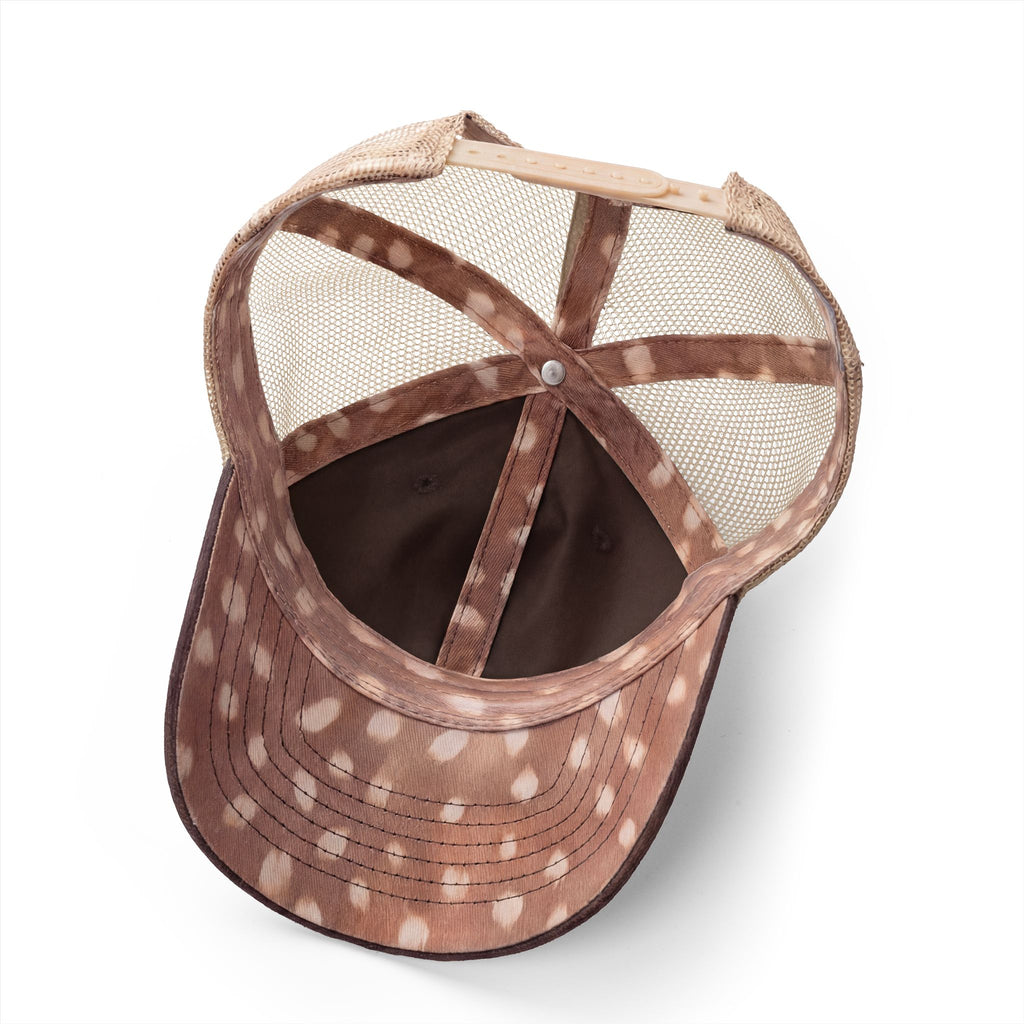 Brown and beige polka dot cap with mesh back on a white background