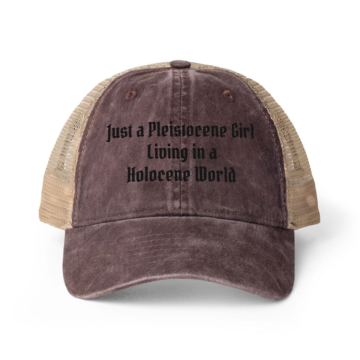 A distressed trucker-style baseball cap with a dark brown front panel and brim, tan mesh back, and black gothic text reading 'Just a Pleisiocene Girl Living in a Holocene World' on the front, shown on a white background.
