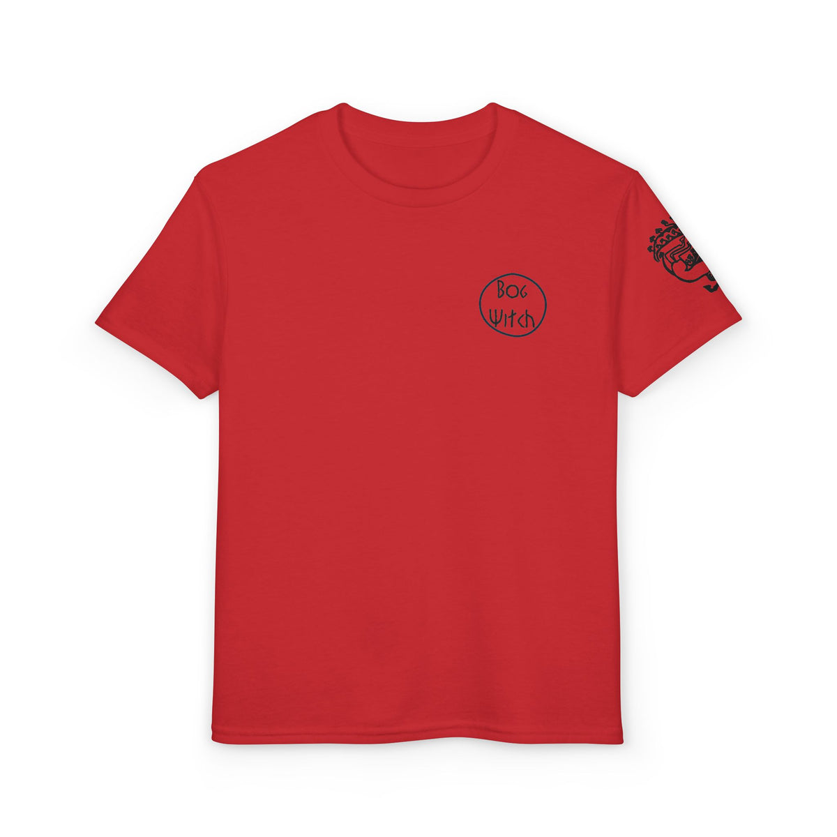 Youth red shirt with Siberian maiden tattoo on sleeve, front